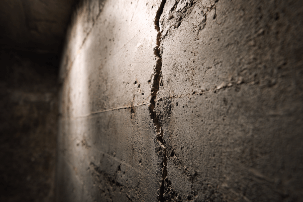 Close-up of vertical crack in concrete foundation wall