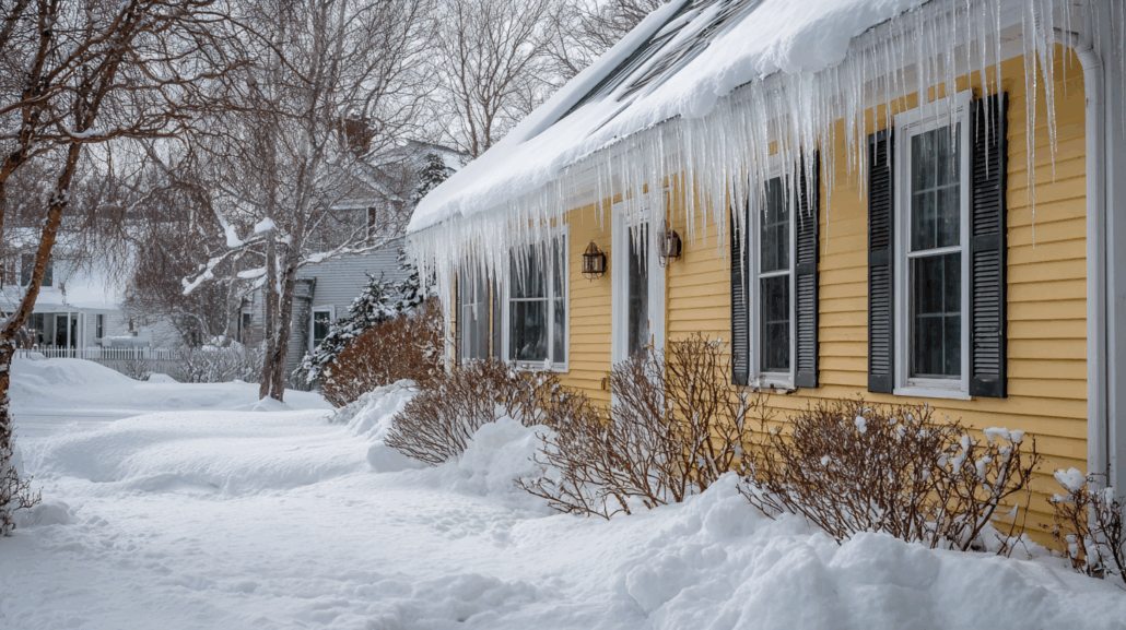 New England home in winter showing freeze-thaw cycle stress with heavy icicles