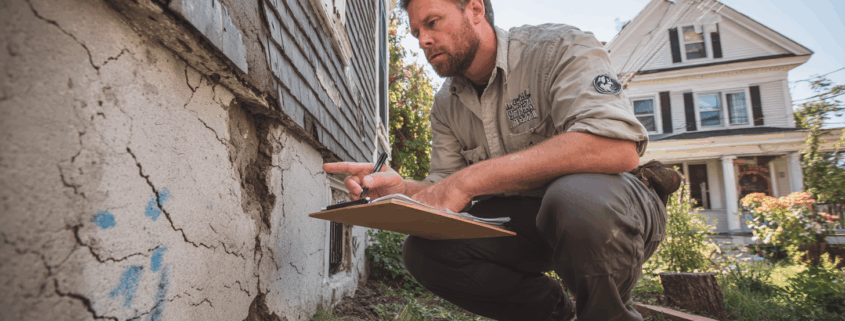 Foundation repair contractor inspecting exterior cracks and estimating foundation repair cost