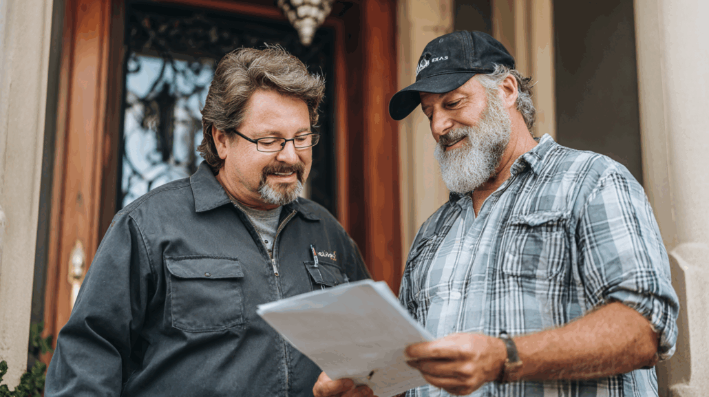 Foundation repair expert sharing written estimate with homeowner outside residential property, highlighting the cost of foundation repair