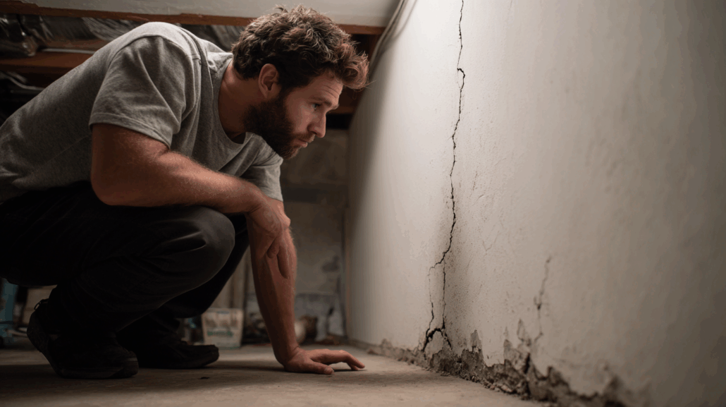 Concerned homeowner examining foundation wall crack in basement to assess severity of damage