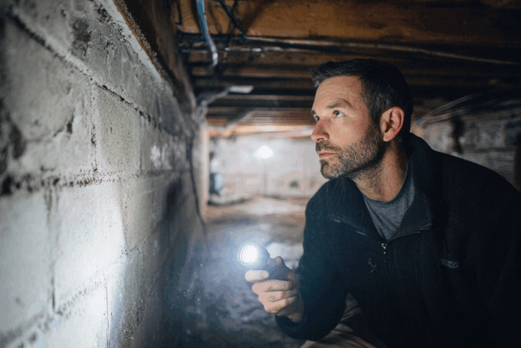 Homeowner inspecting basement foundation for cracks with flashlight