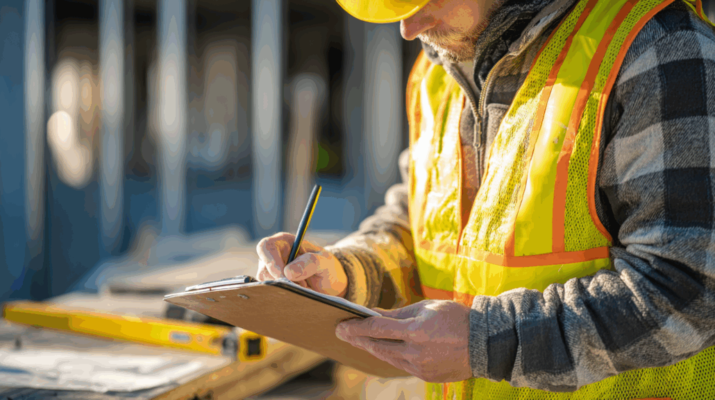 Professional foundation contractor conducting inspection with clipboard and safety equipment