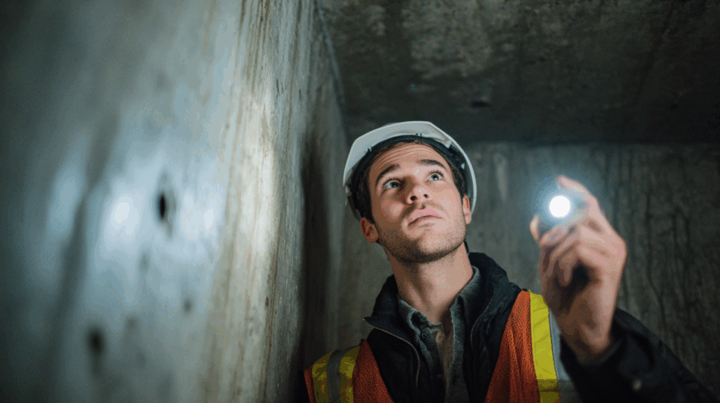 Professional contractor conducting thorough foundation inspection in basement using flashlight to identify structural issues
