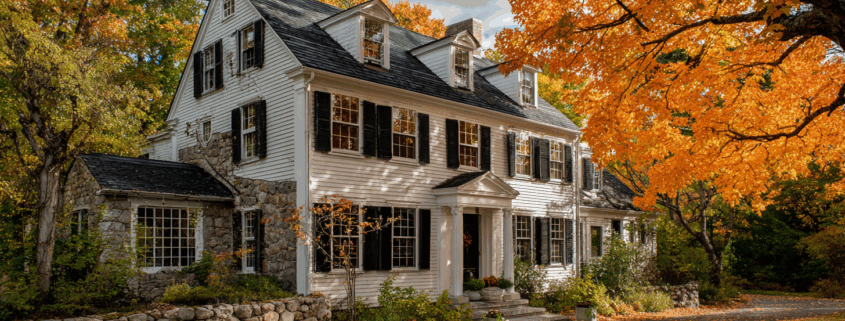 Historic Rhode Island colonial home and fall foliage to explain stone and concrete foundations in RI