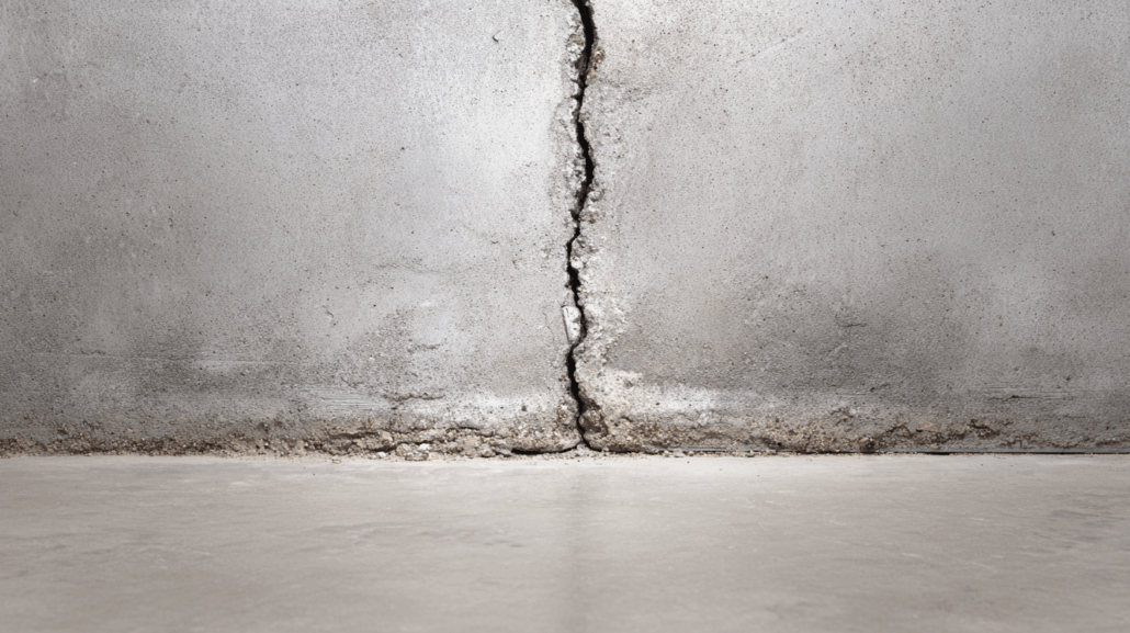 Thin vertical hairline crack in concrete foundation from normal settling