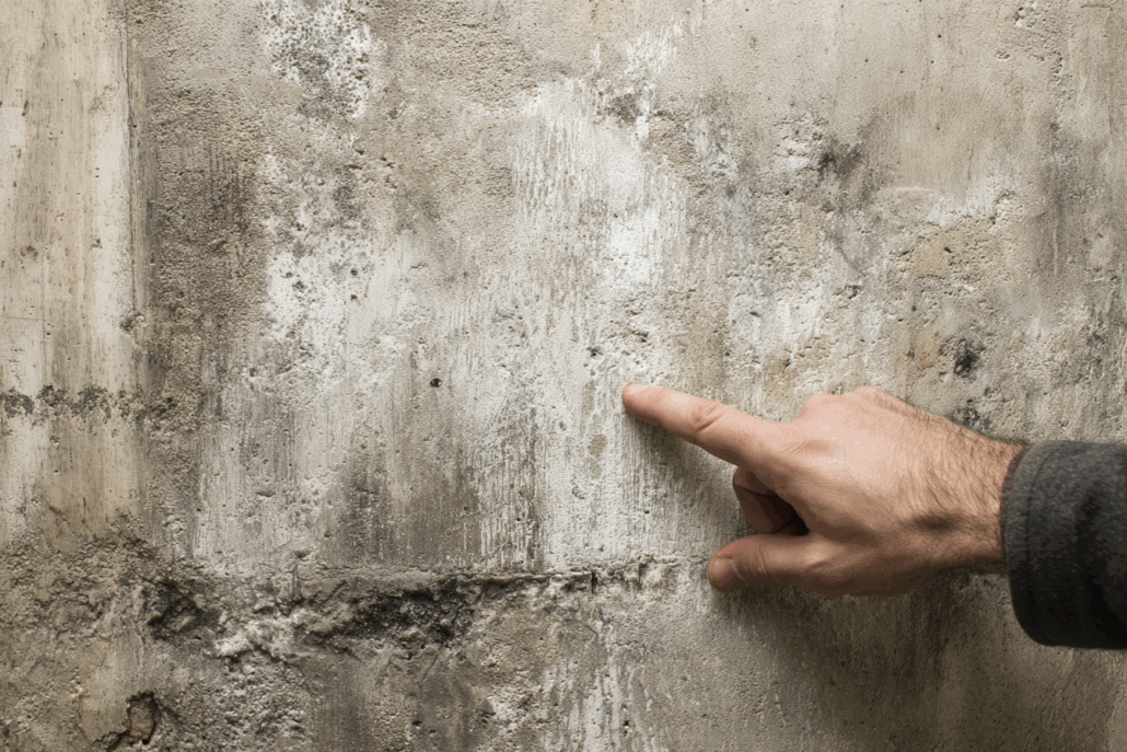 Close-up of efflorescence and moisture damage on concrete foundation wall, one of many signs of foundation problems