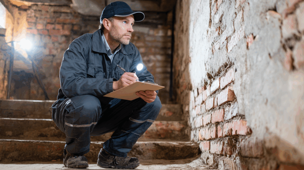 Professional foundation inspector examining stair-step cracks in brick foundation wall during basement inspection