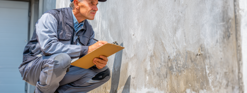 Professional foundation repair contractor inspecting concrete foundation wall with clipboard determining which common foundation repair method to use