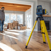 Laser level equipment measuring floor slope during professional foundation inspection in Rhode Island home