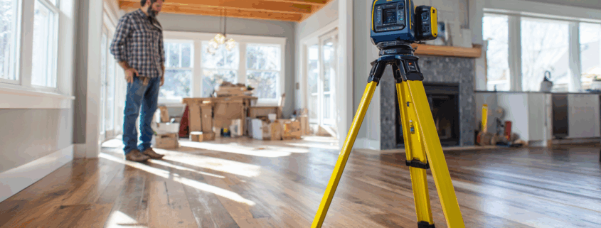 Laser level equipment measuring floor slope during professional foundation inspection in Rhode Island home
