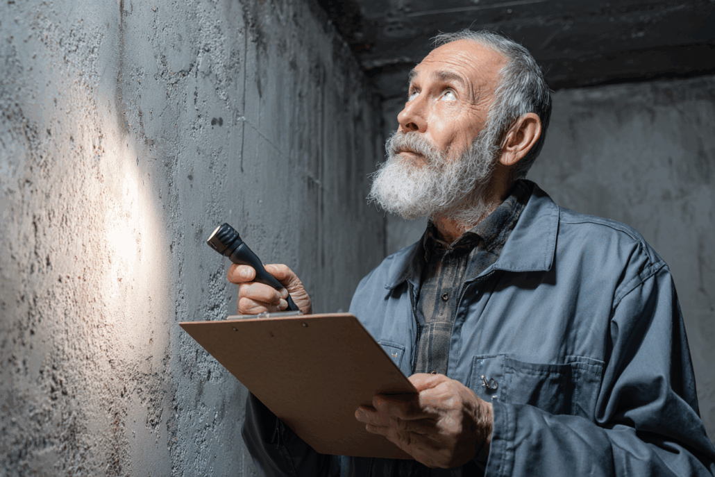 Professional inspector examining concrete basement wall to identify if symptoms are foundation problems vs settling issues that are common in homes over time and not problematic