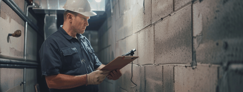 Professional foundation specialist conducting inspection for structural wall cracks in Rhode Island home basement