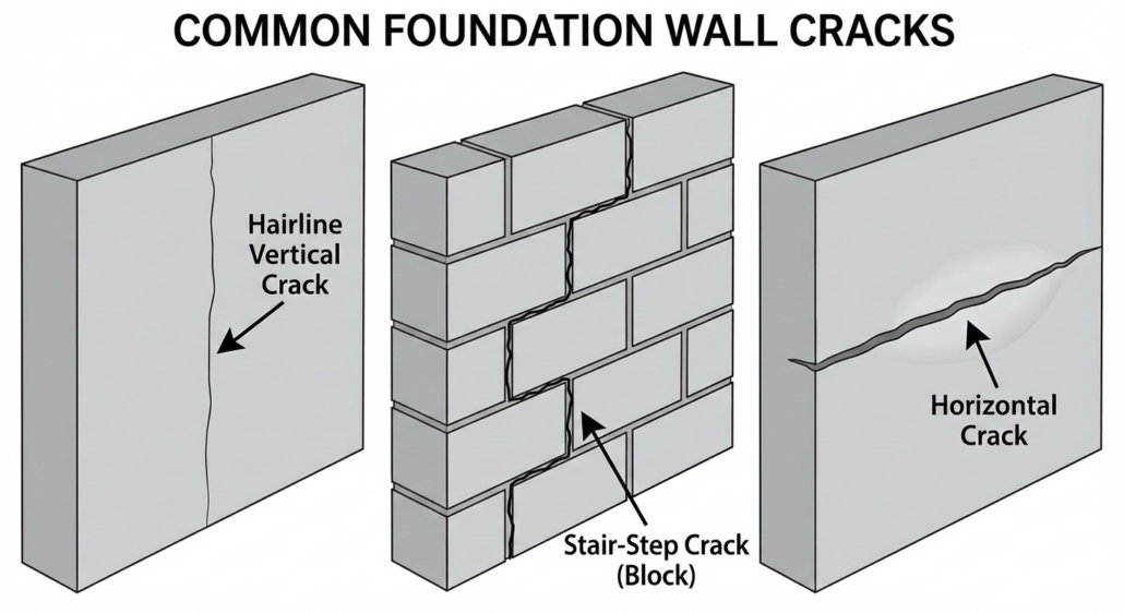 Diagram showing three common foundation wall crack types: hairline vertical crack, stair-step crack in block foundation, and horizontal crack