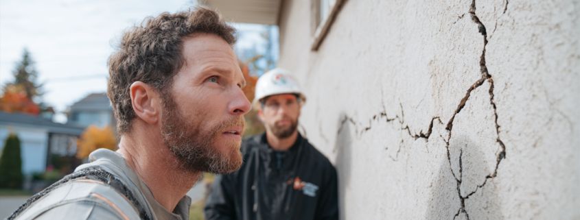 Professional foundation contractor inspecting crack in exterior concrete foundation wall with homeowner in Rhode Island, and explaining to him how to fix foundation cracks.