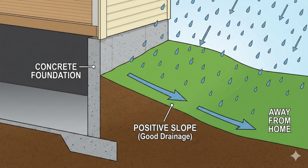 Proper foundation drainage diagram showing concrete foundation with positive slope directing water away from home to prevent foundation issues