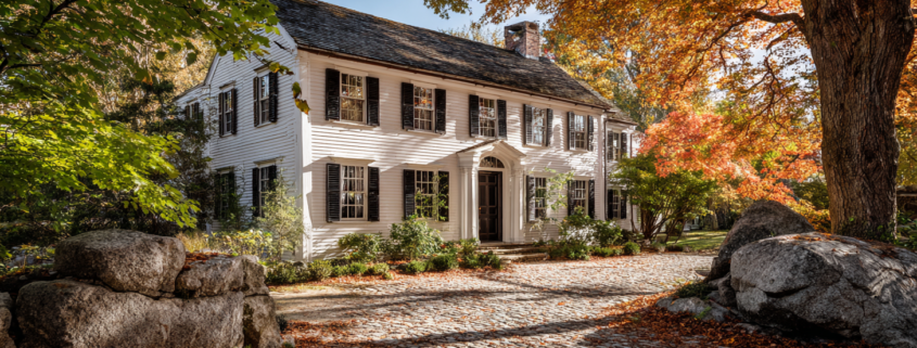 Historic Rhode Island colonial home with white clapboard siding and black shutters in fall setting, struggling with foundation issues