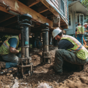 Professional repair crew installing hydraulic support systems under residential home as part of foundation lifting work