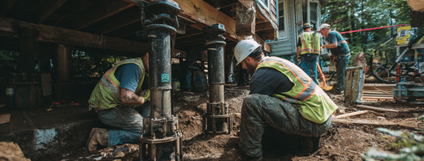 Professional repair crew installing hydraulic support systems under residential home as part of foundation lifting work