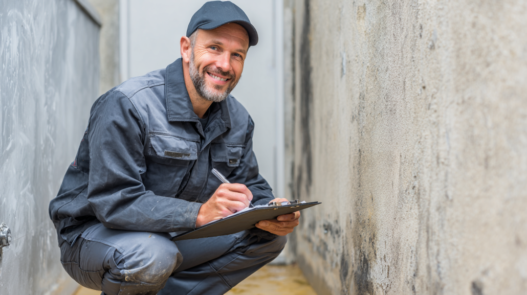 Foundation repair professional inspecting vertical foundation cracks in a concrete basement wall with clipboard in Rhode Island home