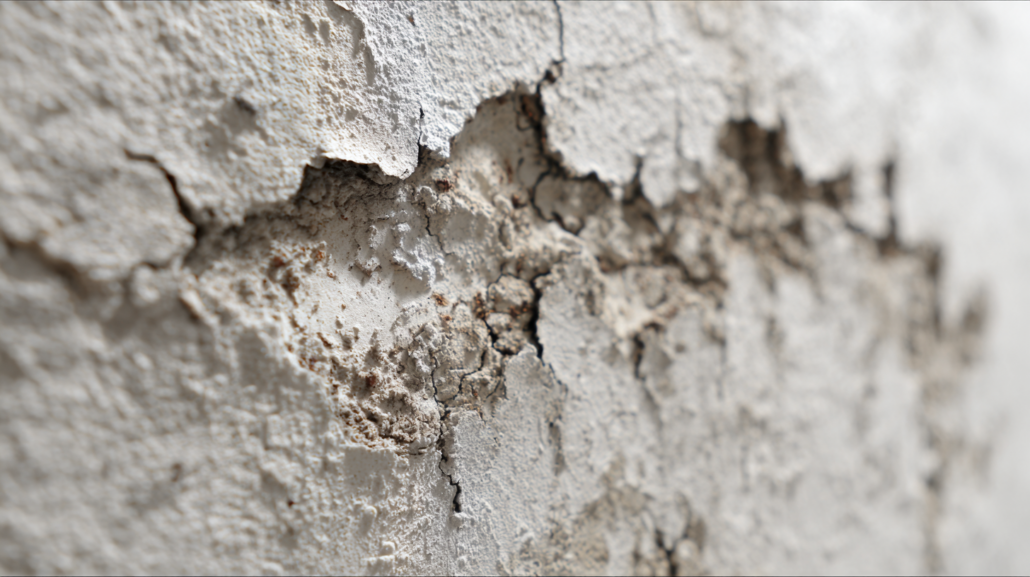 Close-up of crumbling foundation showing concrete spalling and surface deterioration, clear signs of crumbling foundation problems