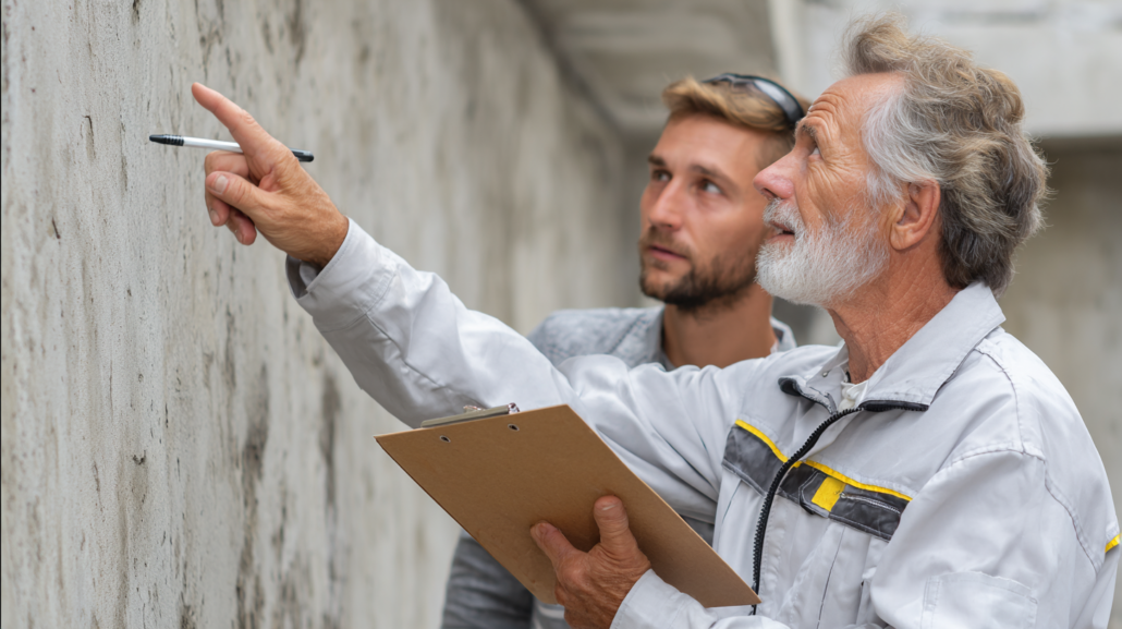 Professional foundation inspector documenting concrete deterioration on Rhode Island basement wall