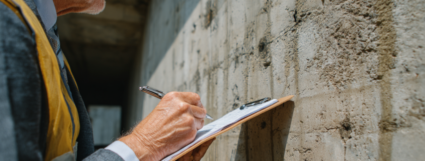 Foundation repair professional pointing out signs of concrete deterioration to Rhode Island homeowner